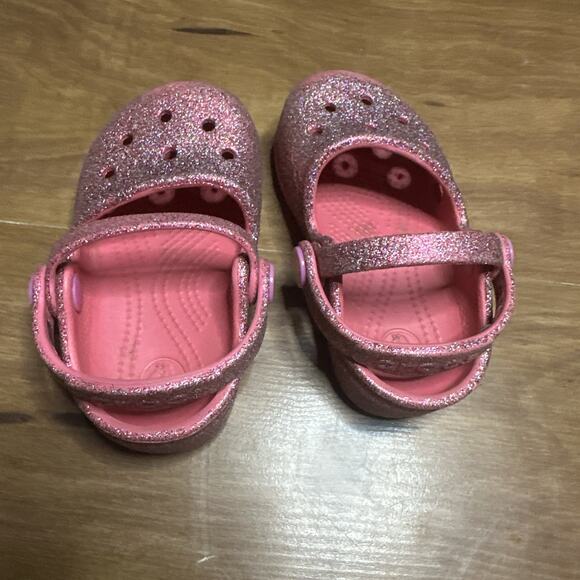CROCS Karin Child Size 6 Pink Sparkle Slip On Double Strap Clog Sandals - Picture 4 of 6